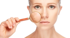 concept skincare. Skin of woman with magnifier before and after the procedure