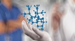 scientist doctor hand holds virtual molecular structure in the l